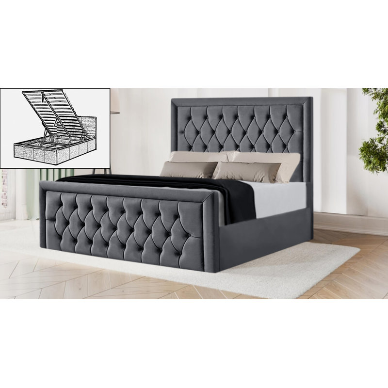 Dimartino Upholstered Velvet Lift Up Storage Ottoman Bed, Double (4'6), Steel Grey
