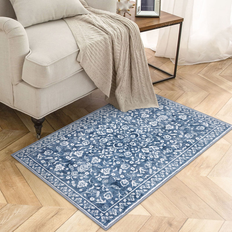 Tapis lavables bleus antidérapants pour la chambre à coucher avec tapis en caoutchouc antidérapant, Rectangle 2 pi x 3 pi