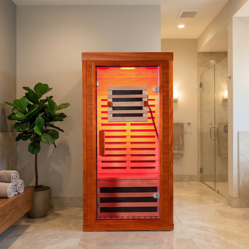 1 Person Full Spectrum Infrared Sauna for Home with Red Light Therapy, Low EMF Carbon Fiber Heaters, Bluetooth Speaker, 7 Color LED Lighting, Indoor Wooden Sauna Room with Glass Door