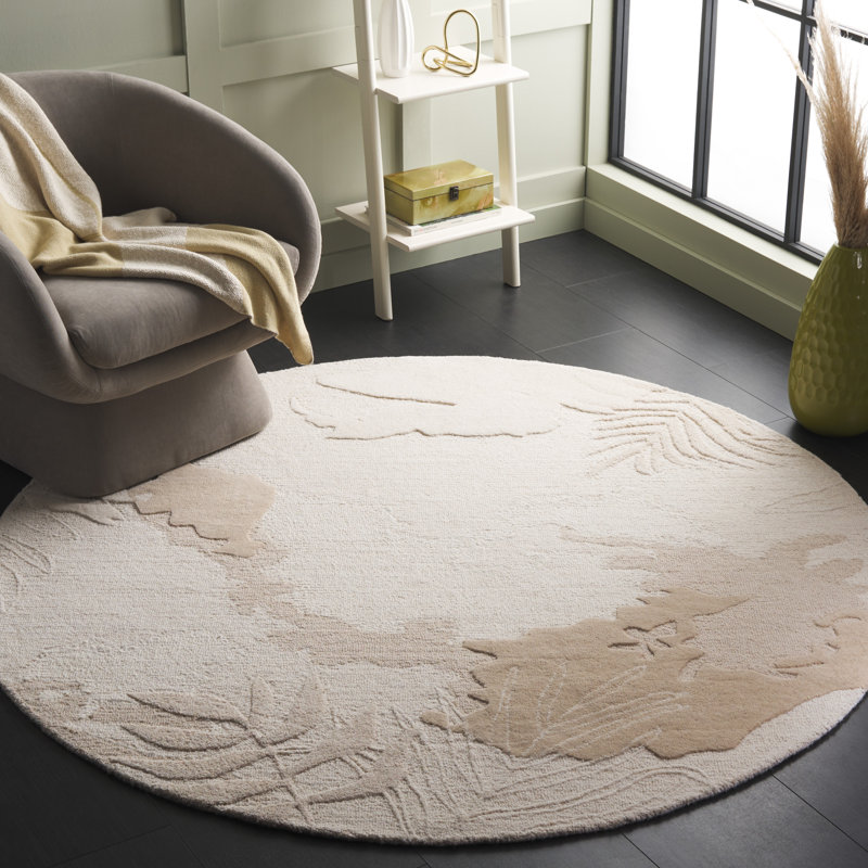 Kyiana Hand Tufted Wool/Cotton Floral Rug in Ivory/Beige, Round 6'