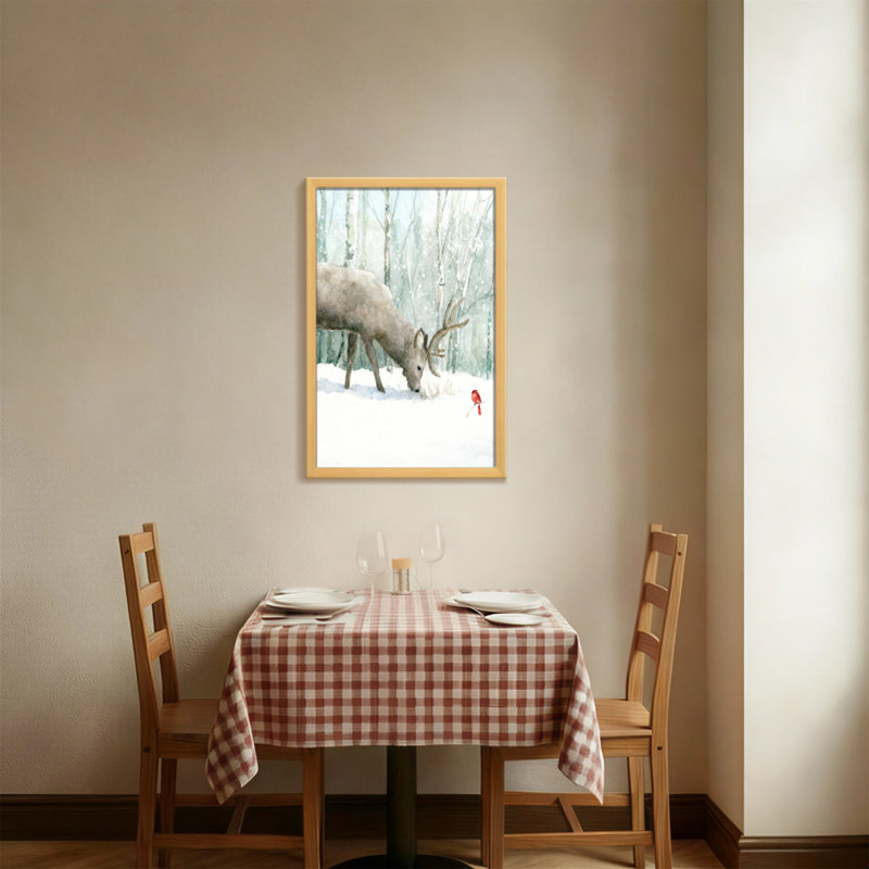 Animals Winter Deer And Red Bird Scene