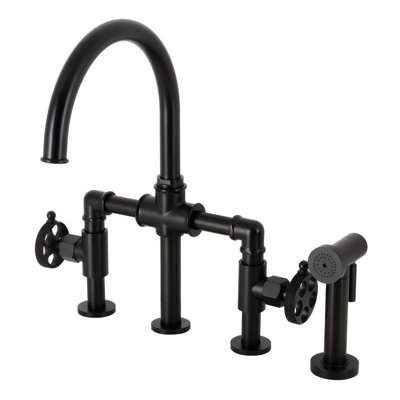Kingston Brass Webb Two-Handle 4-Hole Deck Mount Bridge Kitchen Faucet with Knurled Handle and Side Sprayer