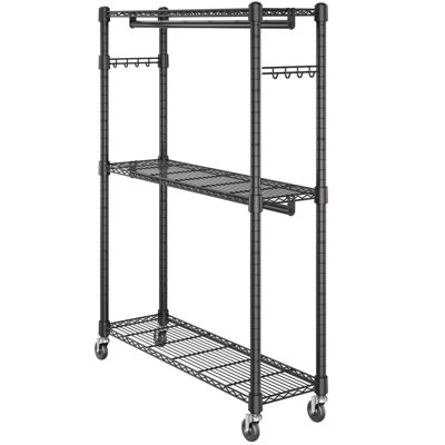 Portant à vêtements robuste, support à vêtements roulant avec 3 niveaux de rangement, 2 tringles et 2 paires de crochets latéraux, support à vêtements à hauteur réglable pour suspendre les vêtements, capacité de charge de 400 lb