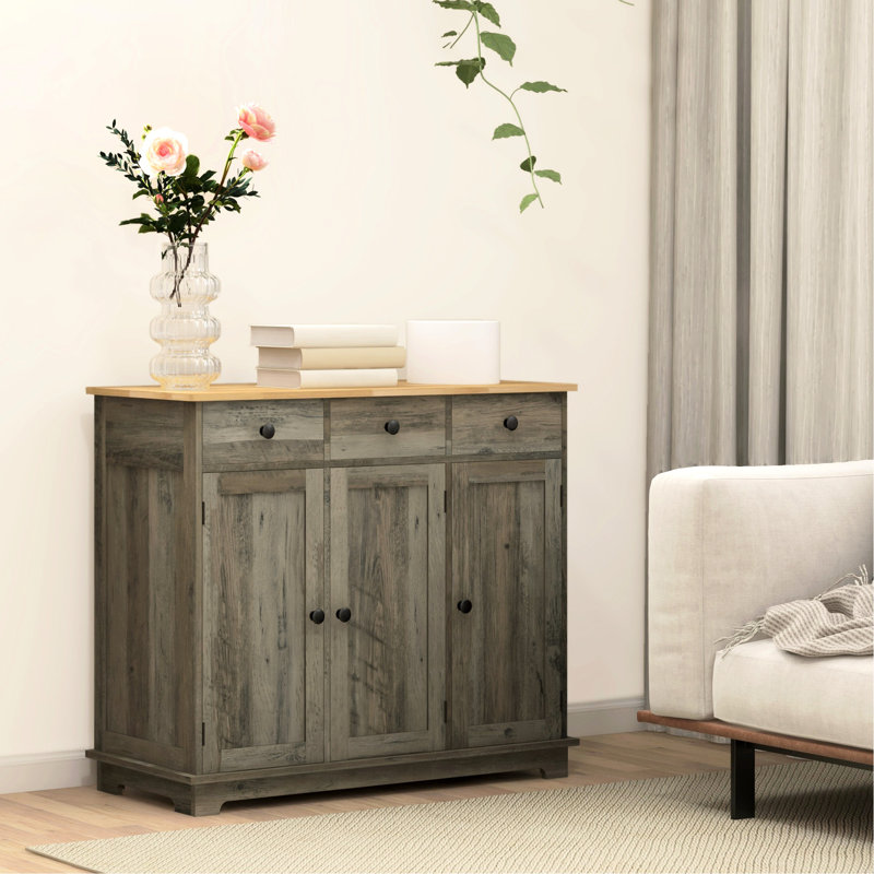 Buffet moderne avec tiroirs - comptoir en bois massif, gris, portes, tablette réglable pour 3 tiroirs gris, rehausse vos assiettes de cuisine, casseroles, poêles, ustensiles, serviettes de table