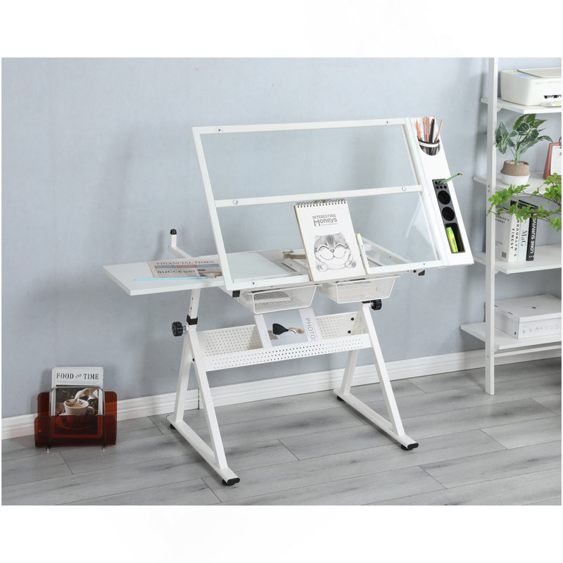 WHITE Table à dessin réglable en verre trempé avec chaise, Blanc