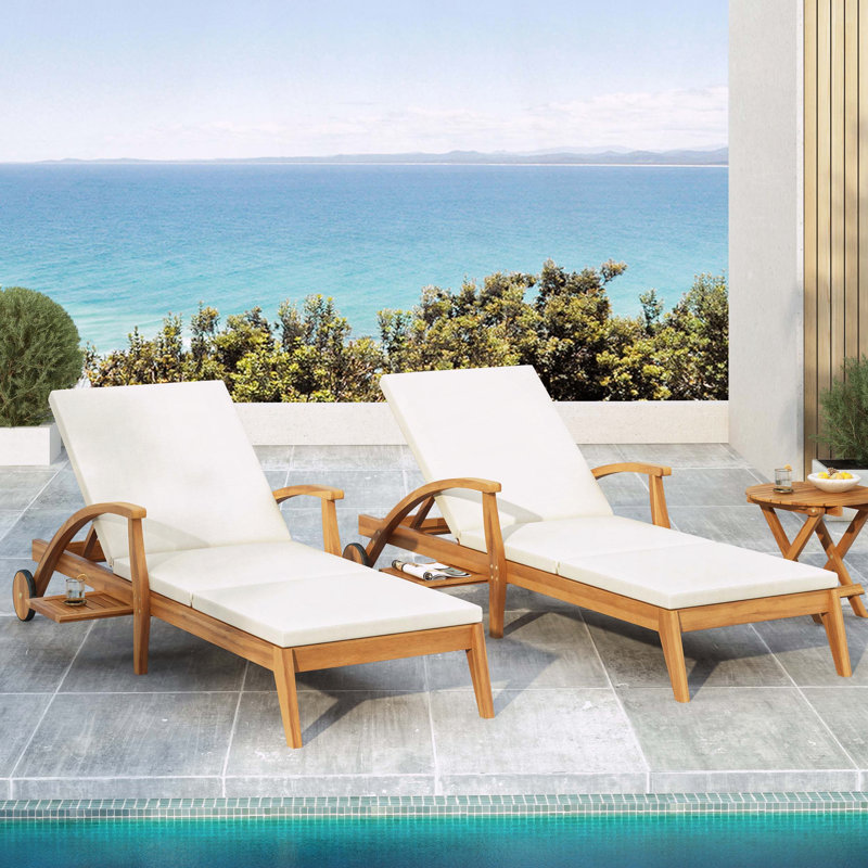 Outdoor Recliner Set with Acacia Wood Chaise Lounge and Foldable Table