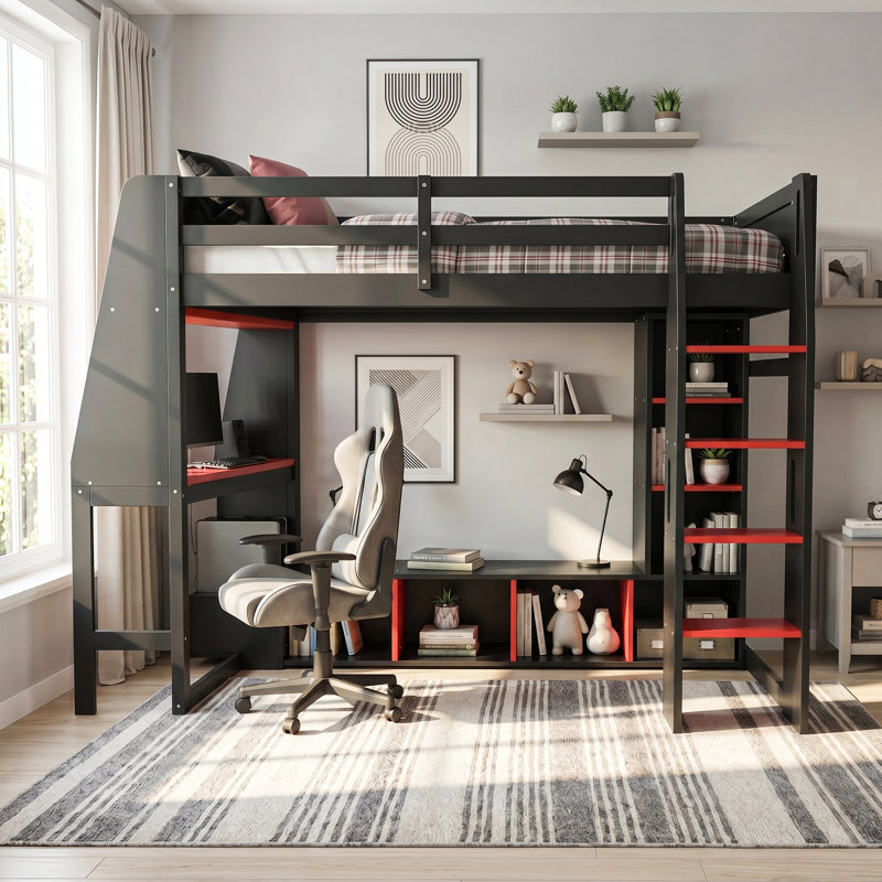 Lit de jeu double en bois massif noir avec cadre en panneau de fibres à densité moyenne avec bureau, tablettes à plusieurs rangements, porte-vêtements à DEL et à suspendre