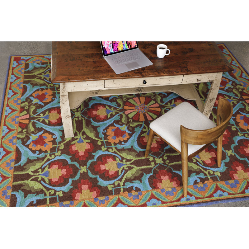 Porcelain Jar Floral Hand Hooked Wool Green/Blue/Red Area Rug, Rectangle 9' x 13'