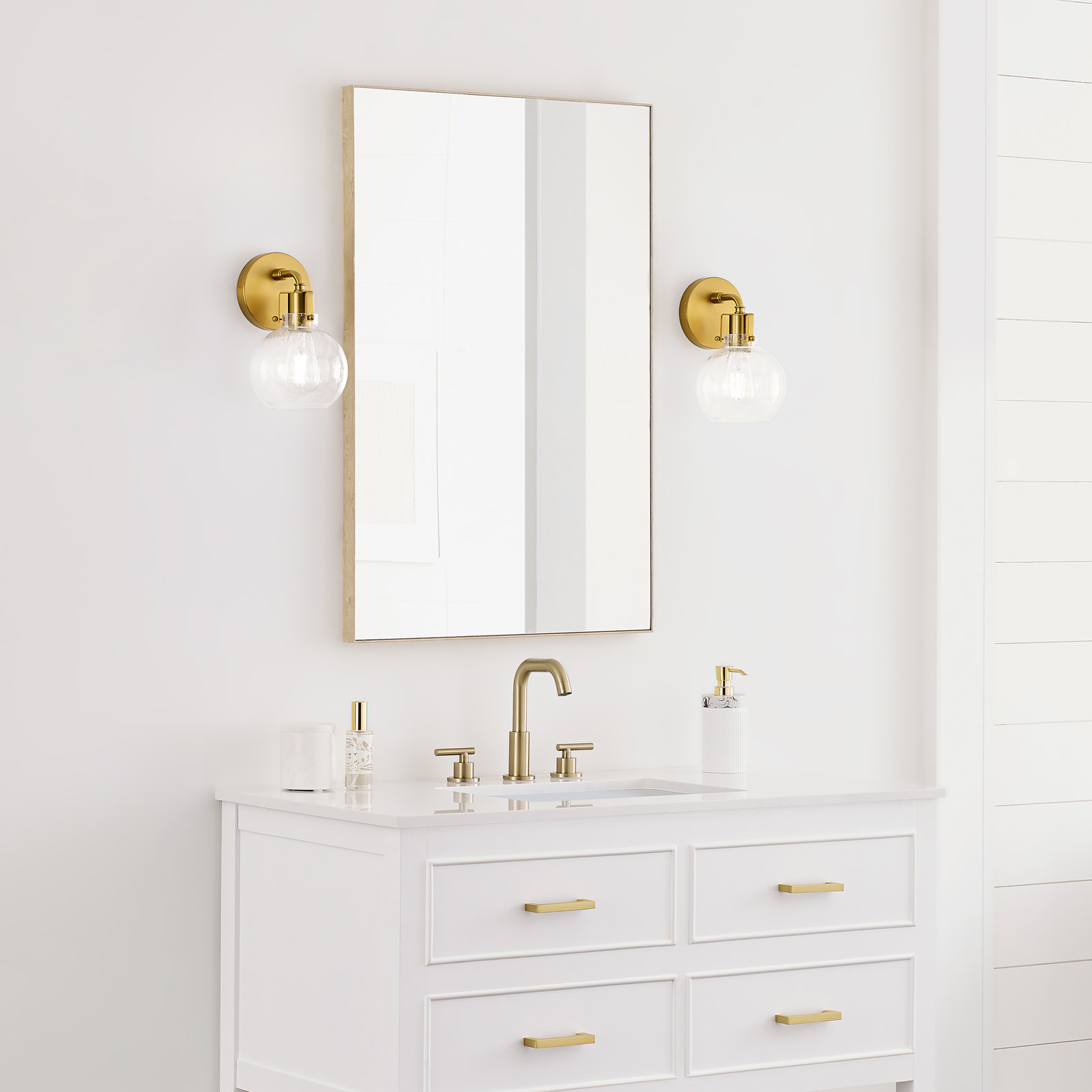 Byrne Single Light Glass Steel Dimmable Armed Sconce, Burnished Brass