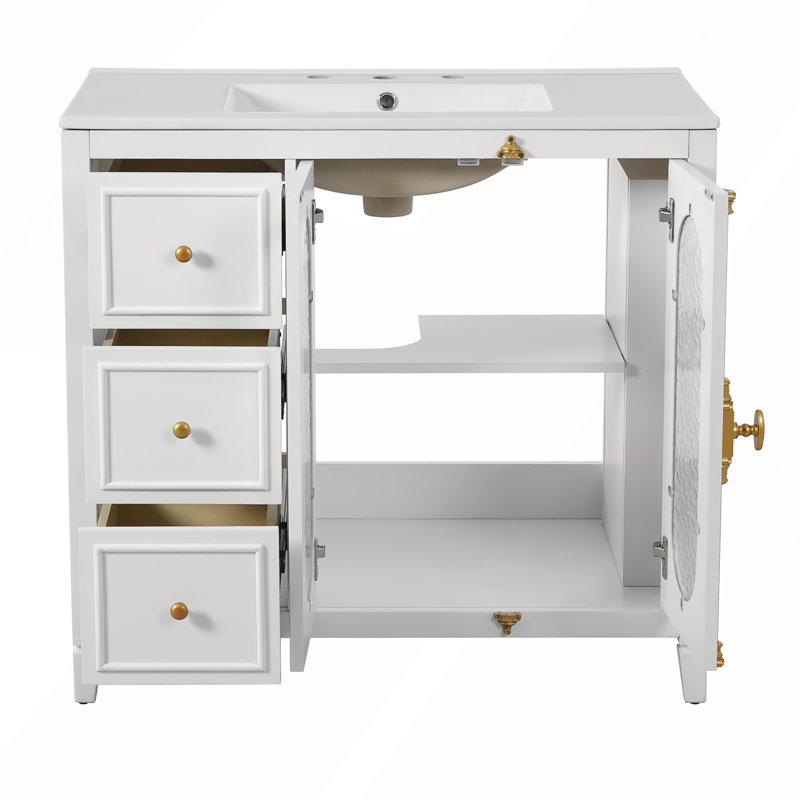 Meuble-lavabo de 36 po avec 2 portes à fermeture douce, armoire de rangement moderne à cadre en bois massif avec 3 tiroirs et lavabo en céramique