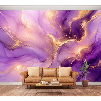 Wall Mural Peel and Stick Wallpaper Violet lavender liquid watercolor marble golden lines Pastel purple Self-Adhesive Removable Contact Paper Wall Decor for Living Room Bedroom 100"H x 144"W