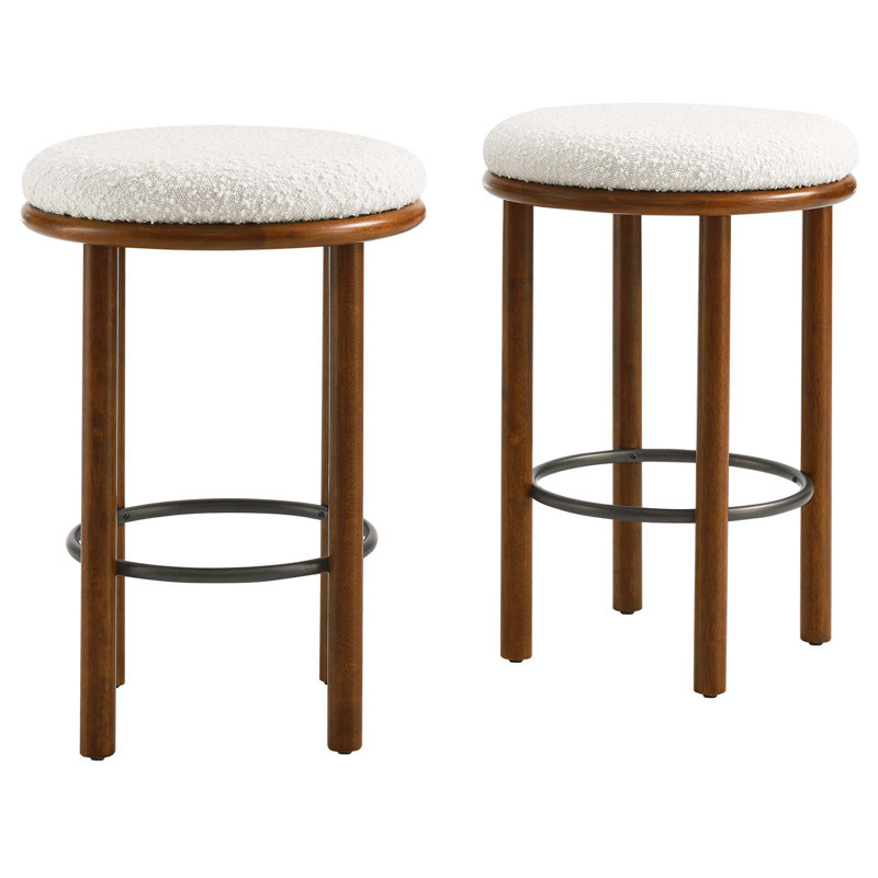 Walnut Ivory Backless Boucle Counter Stools with Wood Legs