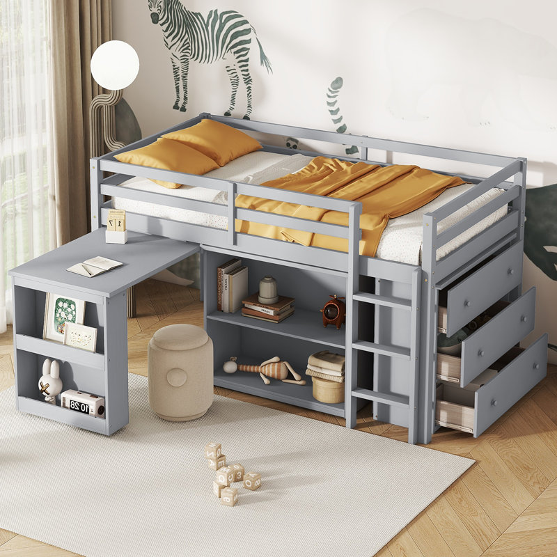 Twin Loft Bed stroage case ,drawers,Twin Loft Bed with ,Drawer Cabinet, Shelf Cabinet and Pulling -Out Desk,Rubber Wood Loft Bed with Safety Guardrail ,Ladder