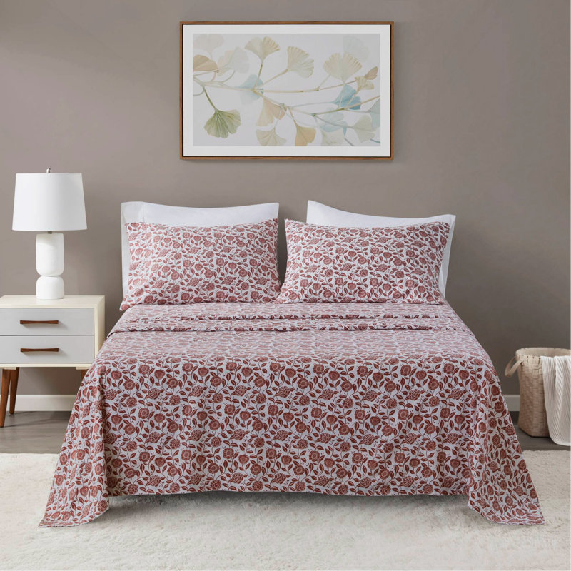 Ensemble de draps 4 pièces à motif floral rouille, 100% flanelle de coton, ultra doux et confortable pour une bonne nuit de sommeil