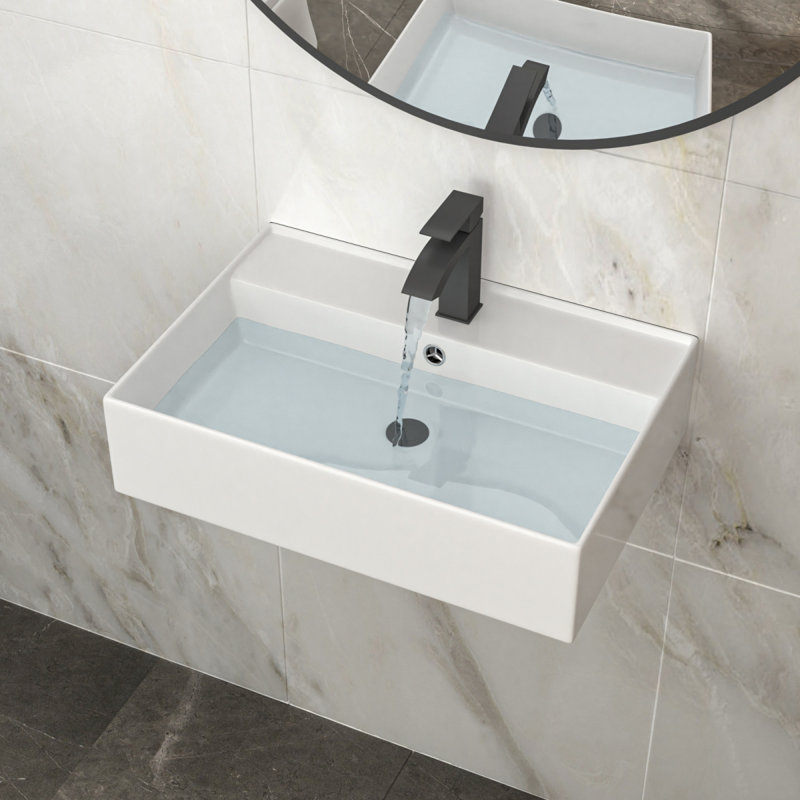 24"X16" White Ceramic Rectangular Wall Mounted Bathroom Sink With Faucet Hole And Overflow