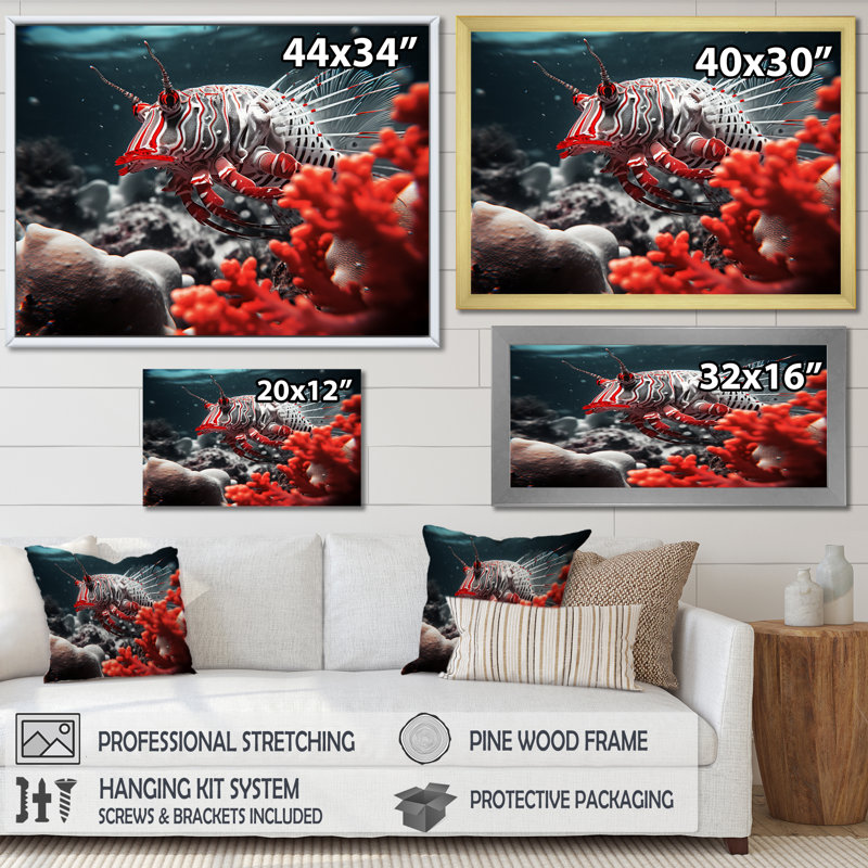 «Red and Gray Monicolor Fish Beauty», reproduction sur toile encadrée, Cadre simple blanc, H 34 po x l 44 po x P 1,5 po
