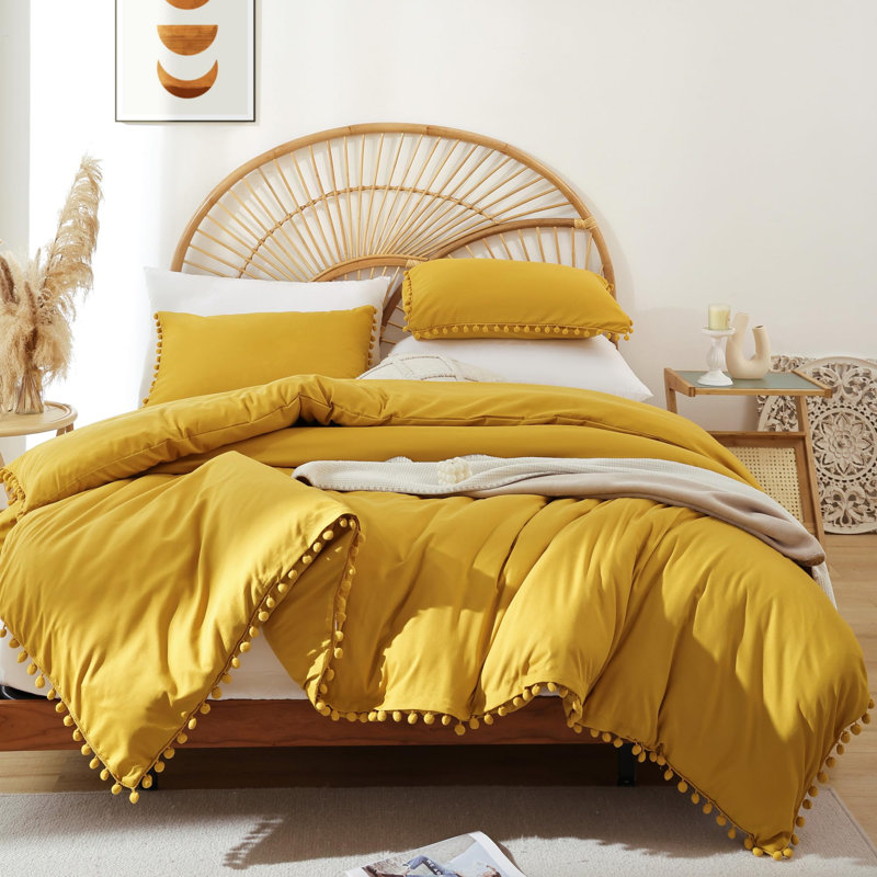 Ball Pom Fringe Comforter Set 3 Pieces- All Seasons Soft Comforter With Two Pillowcases, Mustard Yellow