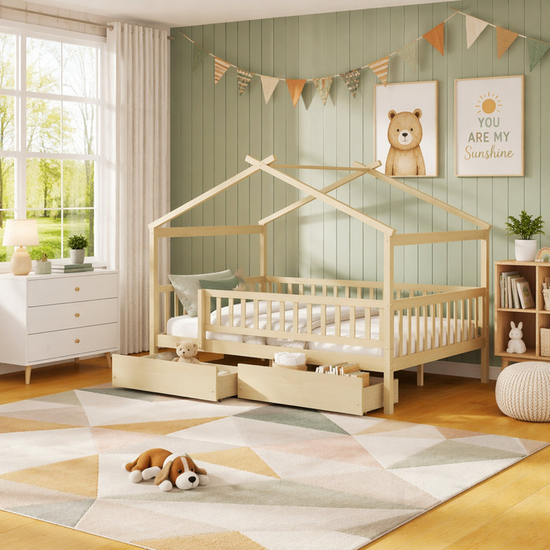 Lit de maison en bois avec deux tiroirs, conception durable pour les chambres d'enfants, Natural, Full / Double