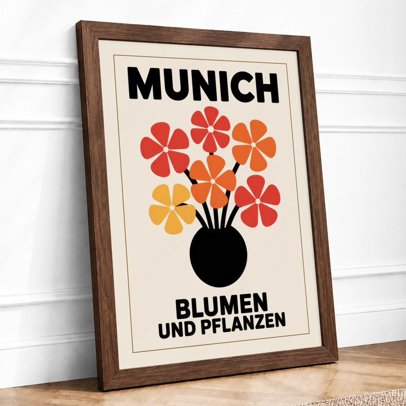 Munich Blumen Poster Retro - Framed Print, A4 - 29.7 x 21.0 cm, Walnut