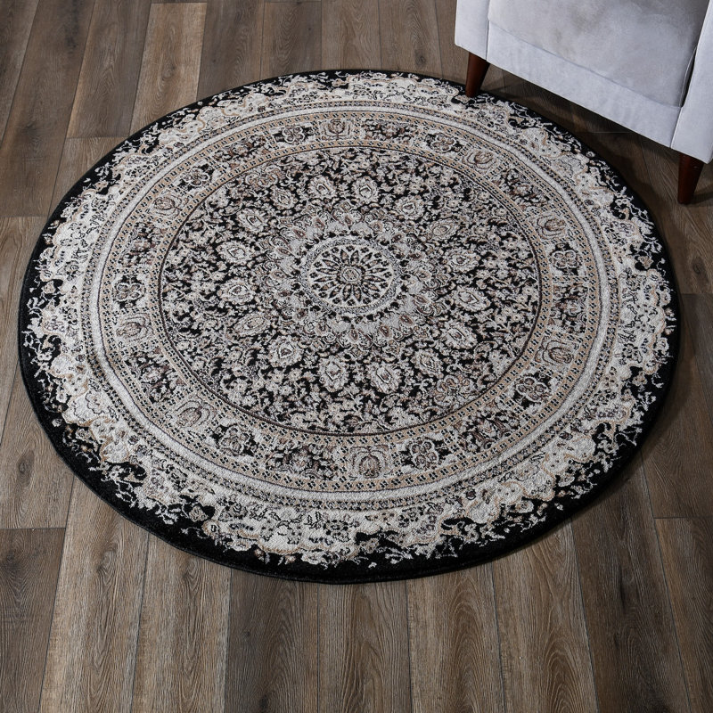 Devansh Power Loom Black/Cream Rug, Round 7'9"