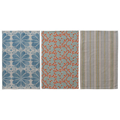 3-Piece Cotton Linen Printed Tea Towel With Stripes/Pattern