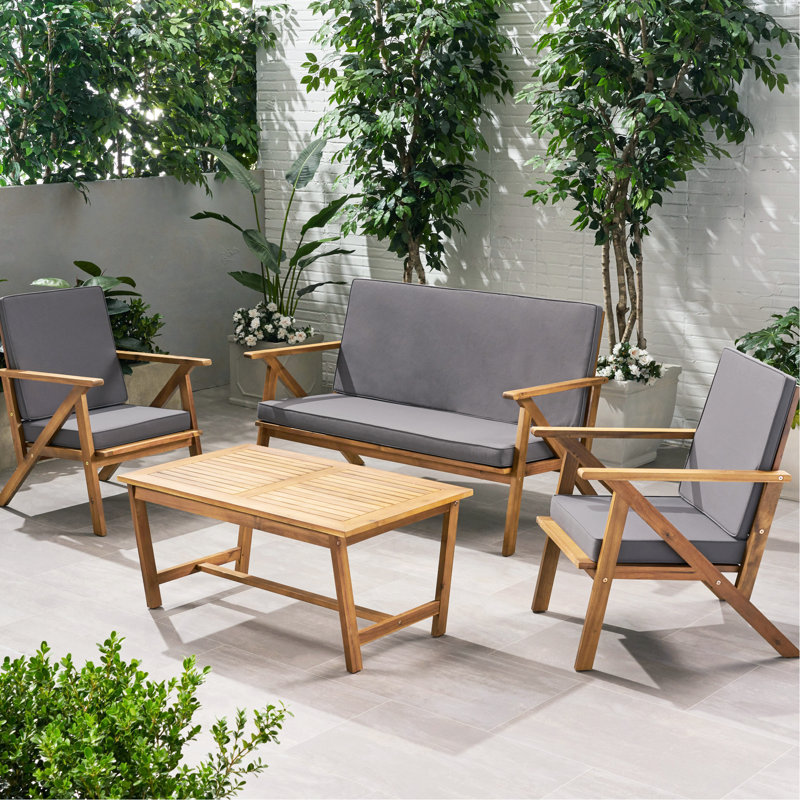 Ensemble de loisirs extérieurs 4 pièces - Fabrication en bois, tissu aquatique, 2 chaises club et table basse incluses, pour la collection de conversation dans la cour avec tissu imperméable résistant aux intempéries