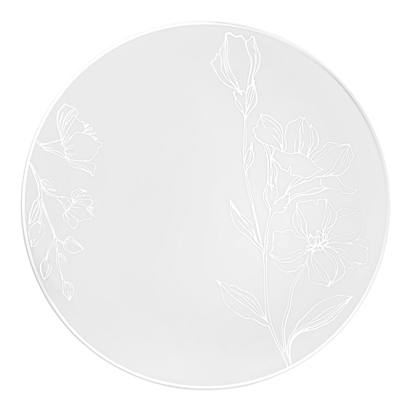 Assiettes blanches jetables rondes en plastique blanc et argent antique (10,25 po)