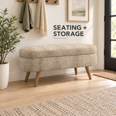 43.5-Inch Oval Storage Bench with Lift-Top Compartment and Wood Legs, Beige
