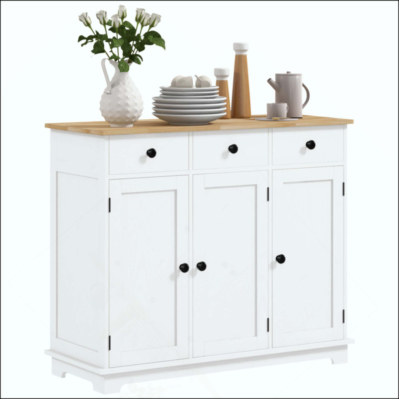 Sideboard With Solid Wood Countertop, Modern Kitchen Storage Cabinet, Coffee Bar Cabinet With 3 Drawers, Doors And Adjustable Shelf