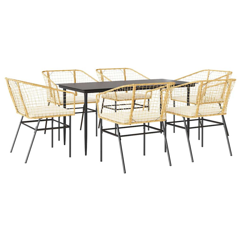 Ensemble repas de patio avec coussins en verre et poly rotin, 6, Blanc / Brun, H 29,1 po x l 31,5 po x L 63 po