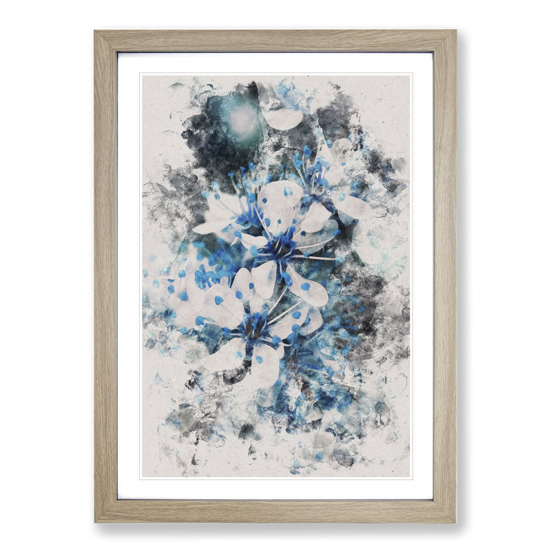 Blue Cherry Tree Flowers - Picture Frame Graphic Art, Oak, 36cm H x 27cm W x 2cm D