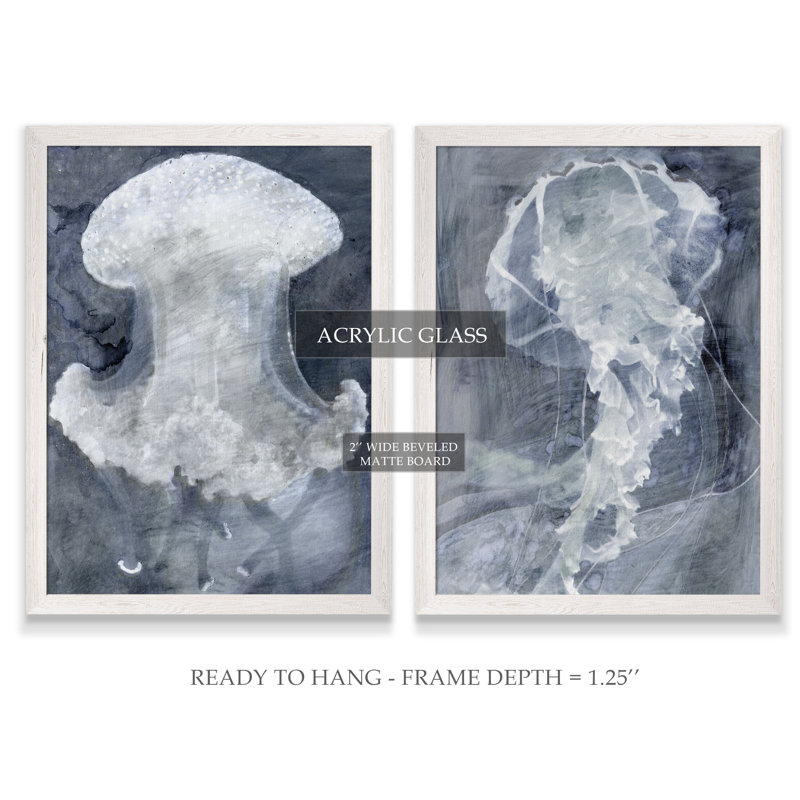Indigo Jellyfish I by Vincent Van Gogh - 2 Piece Single Picture Frame Painting, 24" H x 18" W x 1.25" D, White Framed Canvas