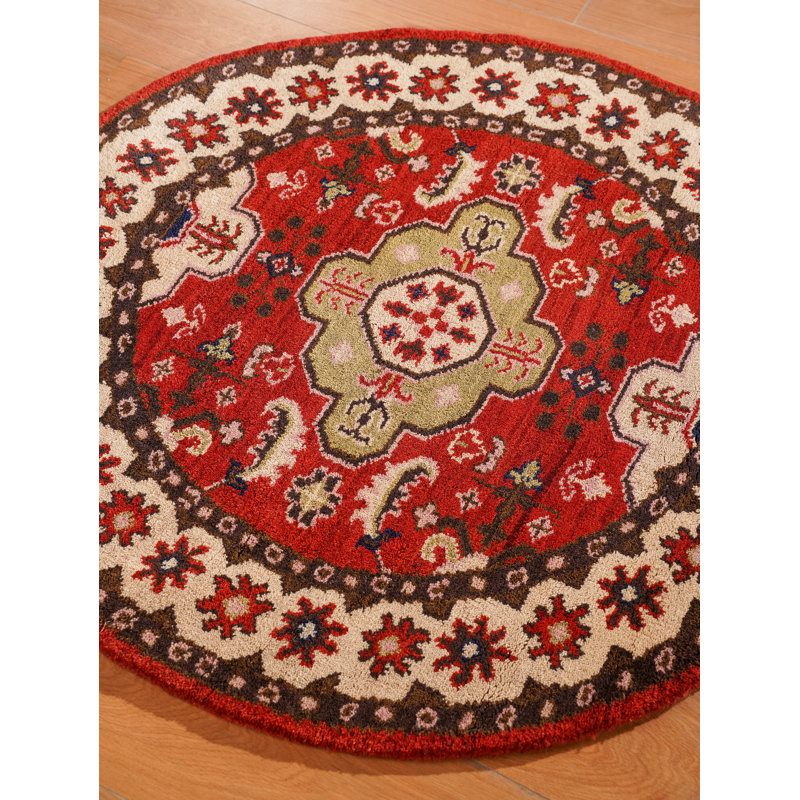 Tapis d'intérieur rond oriental en soie et laine rouge crème, noué à la main, Round 4'