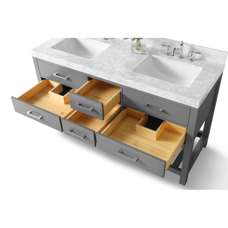 Elizabeth 60'' W Double Vanity, Sapphire Gray/Brushed Nickel, Carrara White Marble