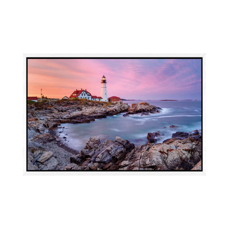 Cape Elizabeth Fiery Sunset, Portland Maine New England 1 Piece Wall Art on Canvas, 66.04 cm H x 45.72 cm W, White Framed