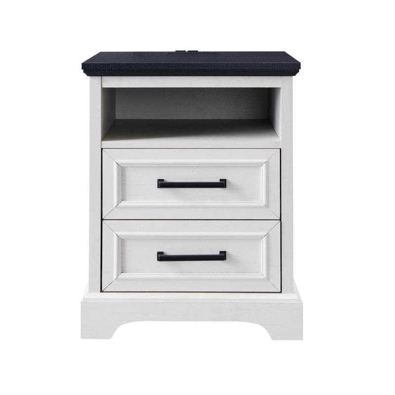 Farmhouse Nightstand with Charging Station & Semi-Open Top Shelf, White/Black