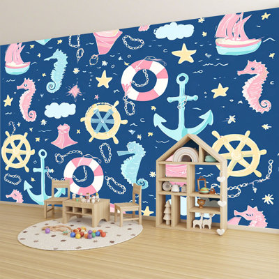 Papier peint adhésif auto-adhésif moderne pour la chambre à coucher, avec ancres nautiques, hippocampes