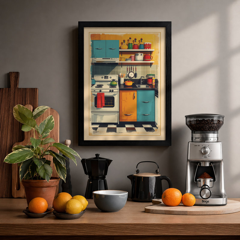 Stacked Kitchen Mid-Century - Framed Print, A2 - 59.4 x 42.0 cm, Black