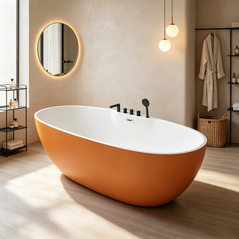 Modern Minimalist Acrylic Freestanding Soaking Bathtub with White Inside and Orange Outside for Bathroom