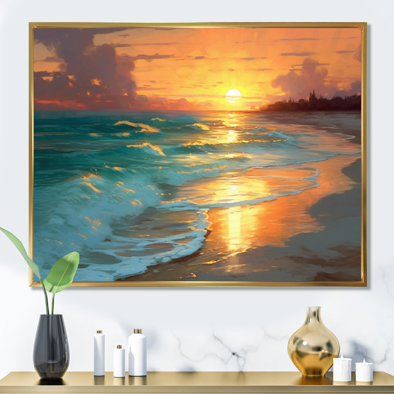 Sable et bleu mer des Caraïbes, Cadre flottant doré, H 16 po x l 32 po x P 1 po