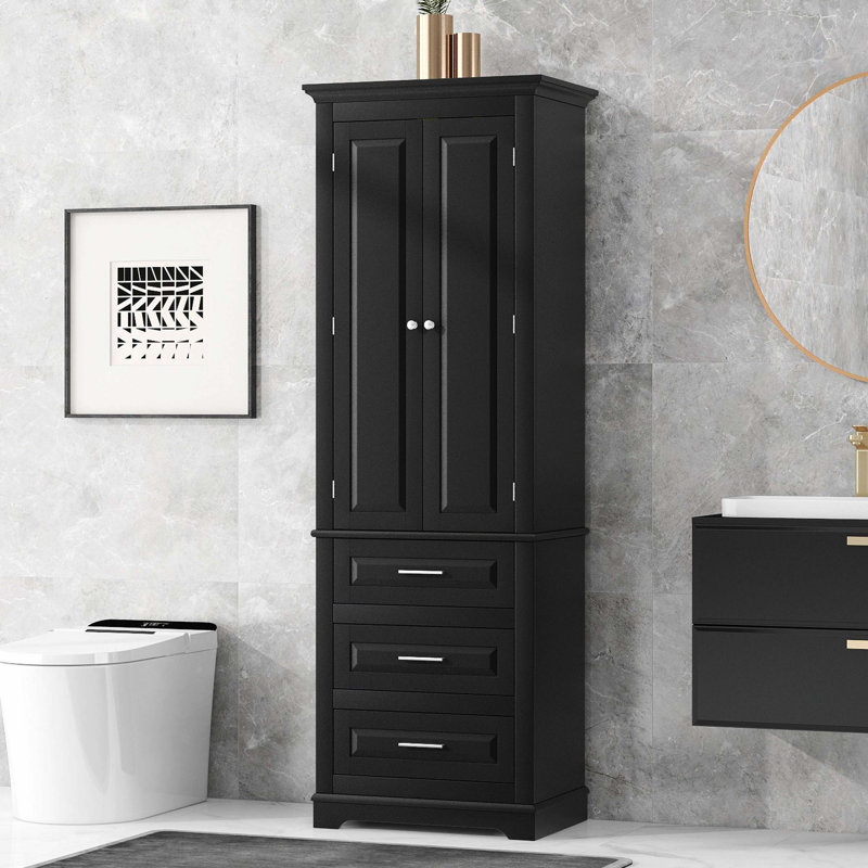 Grande armoire de rangement autoportante noire avec 3 tiroirs pour la salle de bain et le bureau