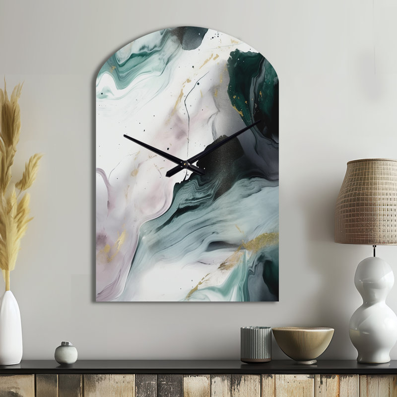Horloge murale abstraite verte et blanche Contemplative Abstraction II - Marble, Médium