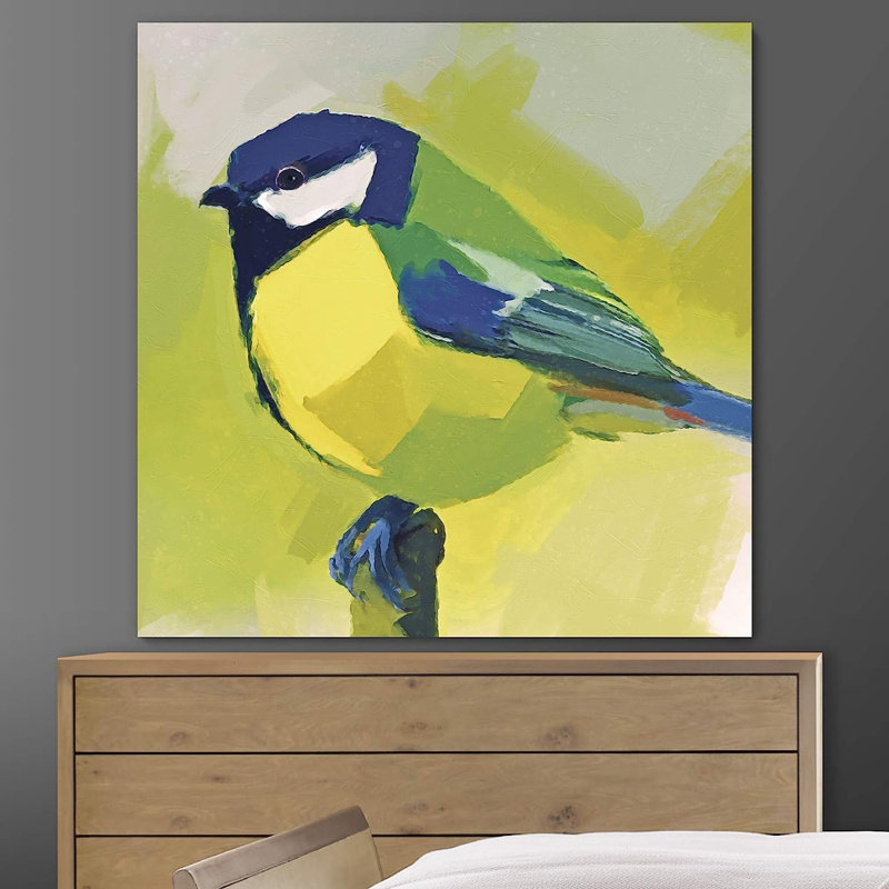 Oiseaux, animaux, mésange bleue, jaune, noir et vert sur fond gris et blanc sur toile, H 16 po x l 16 po x P 1,5 po