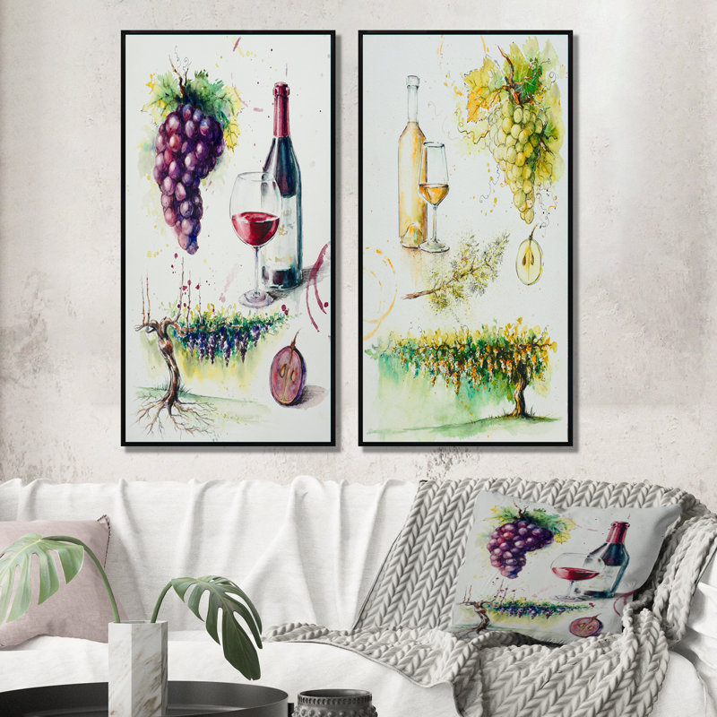 Raisins avec bouteille de vin - ensemble de 2 reproductions sur toile, H 40 po x l 40 po x P 1 po, Cadre flottant noir