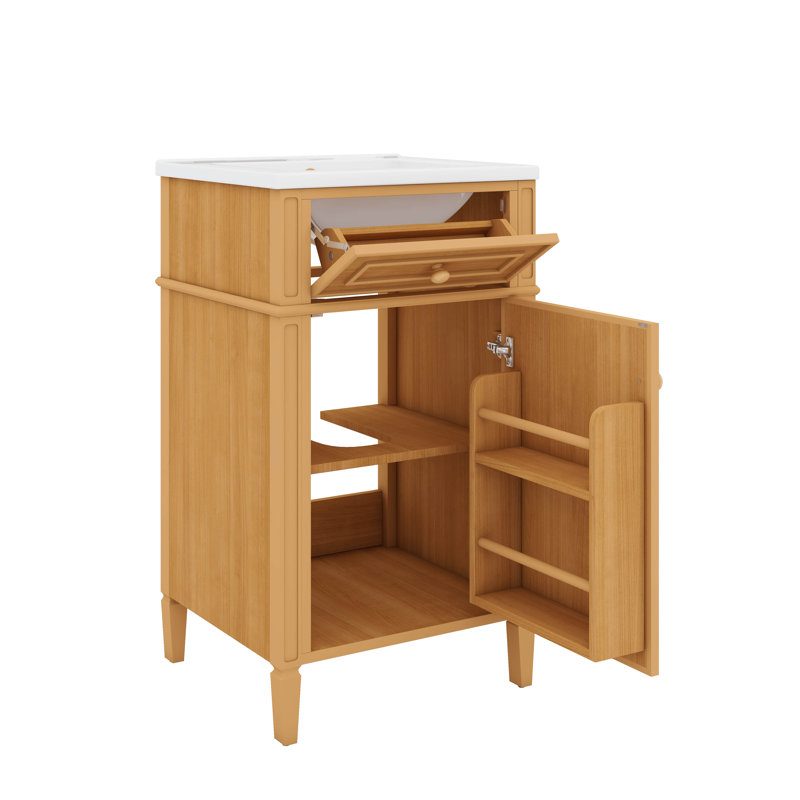 Meuble-lavabo de 20 po avec lavabo, meuble-lavabo autonome avec porte à fermeture silencieuse, tiroir inclinable et support réglable, poignées en bois