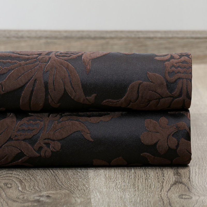 Ballsallagh Floral Faux Silk Room Darkening Curtain Panel, Black/Cognac, 50" W x 96" L