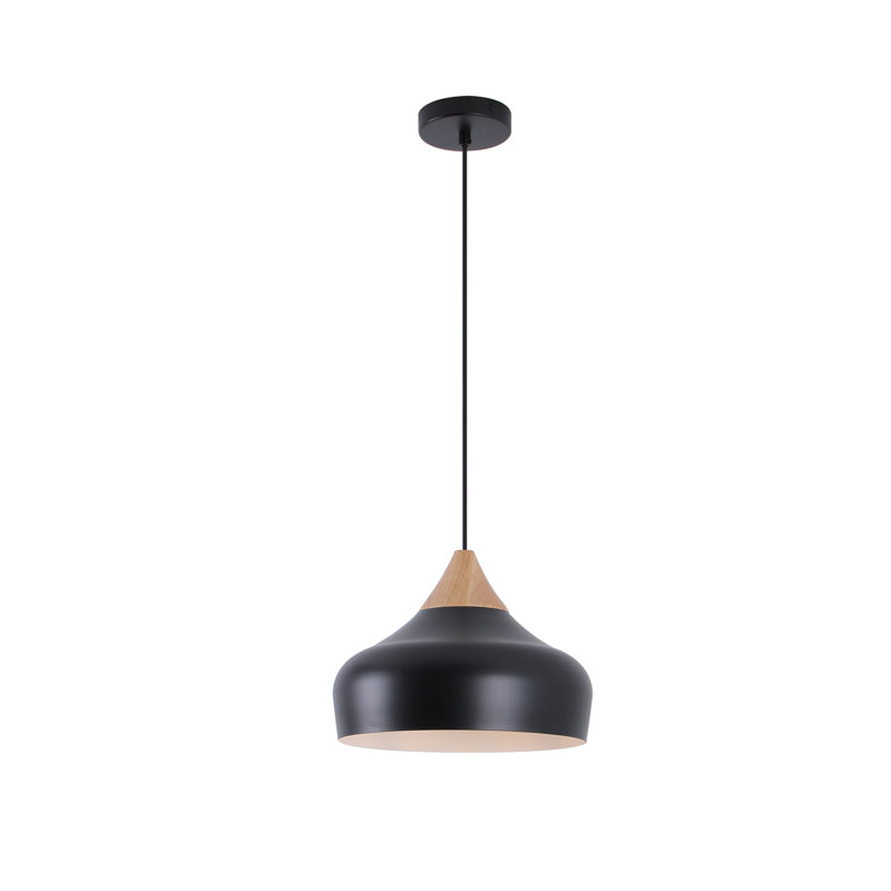 Luminaire suspendu 13 po noir mat à 1 lumière avec plateau en bois massif, plafonnier moderne réglable avec abat-jour en métal