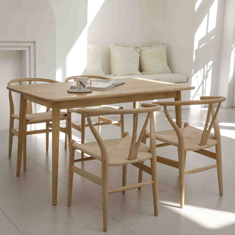 Solid Wood Dining Chair, Mid-Century Chair, Cream/Natural Wood