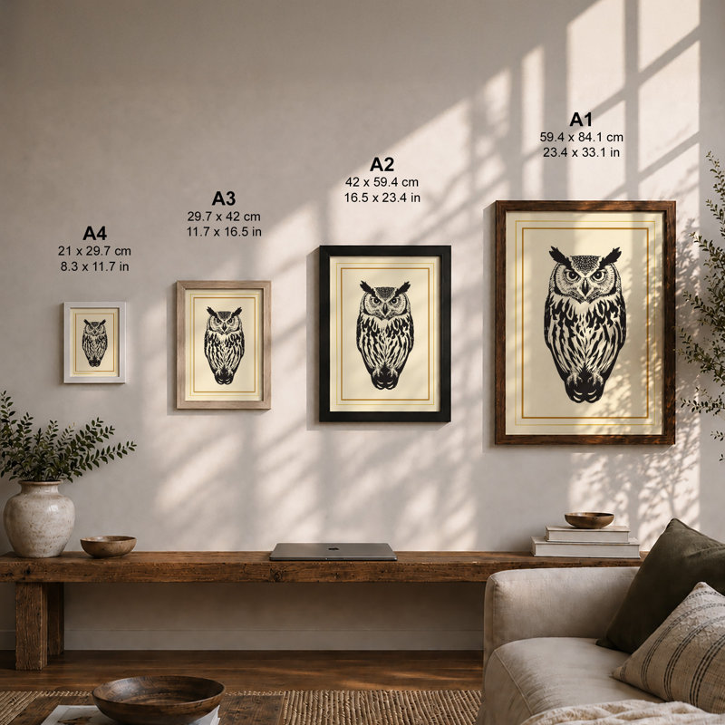 Formal Owl Study Japandi - Print, A1 - 84.1 x 59.4 cm, Oak