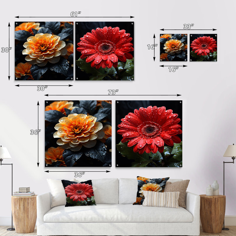 Fleurs sérénade en bleu - ensemble de 2 peintures murales en acrylique, H 16 po x l 33 po